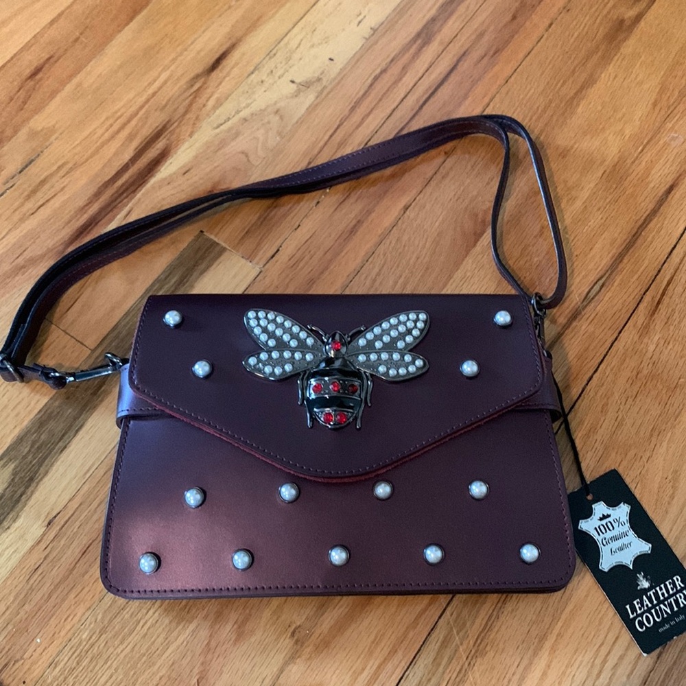 Maroon Leather Crossbody with Jeweled Bee & Pearls made in Italy 🇮🇹